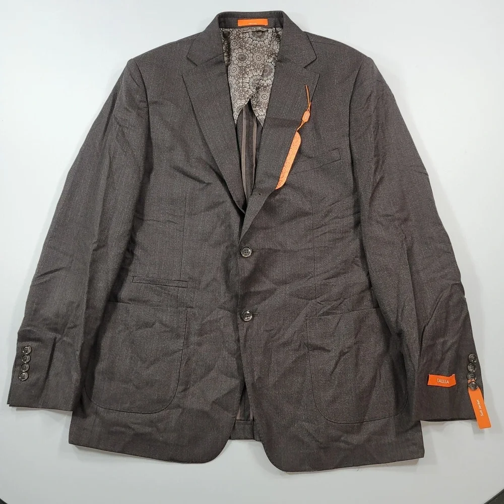 Tallia Slim-Fit Blazer Mens 44L 44 Solid Brown Wool Stretch Suit Jacket $425 NEW
